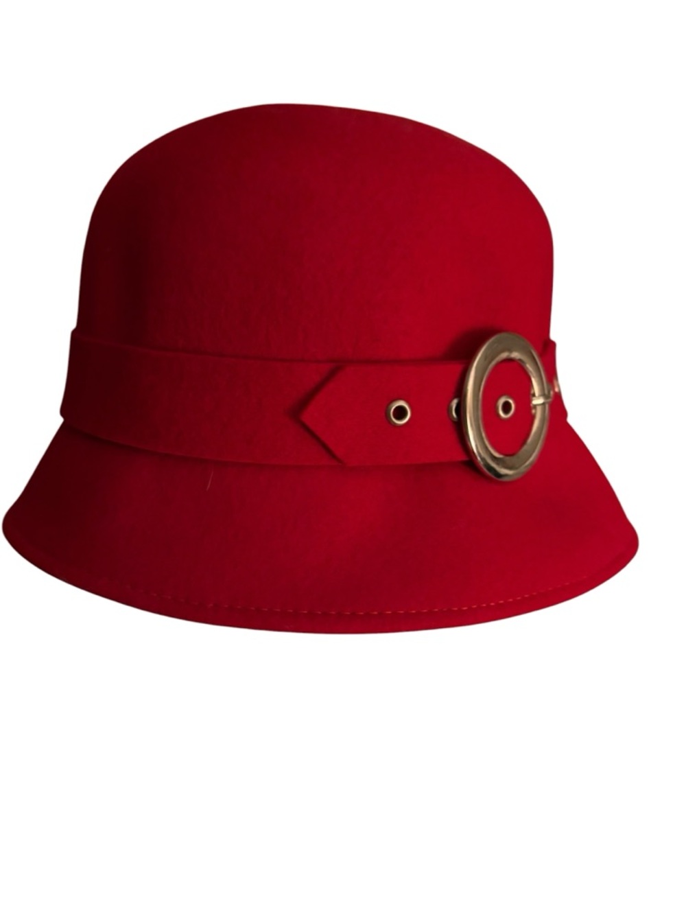 Red Wool Cloche Hat with Buckle Accent